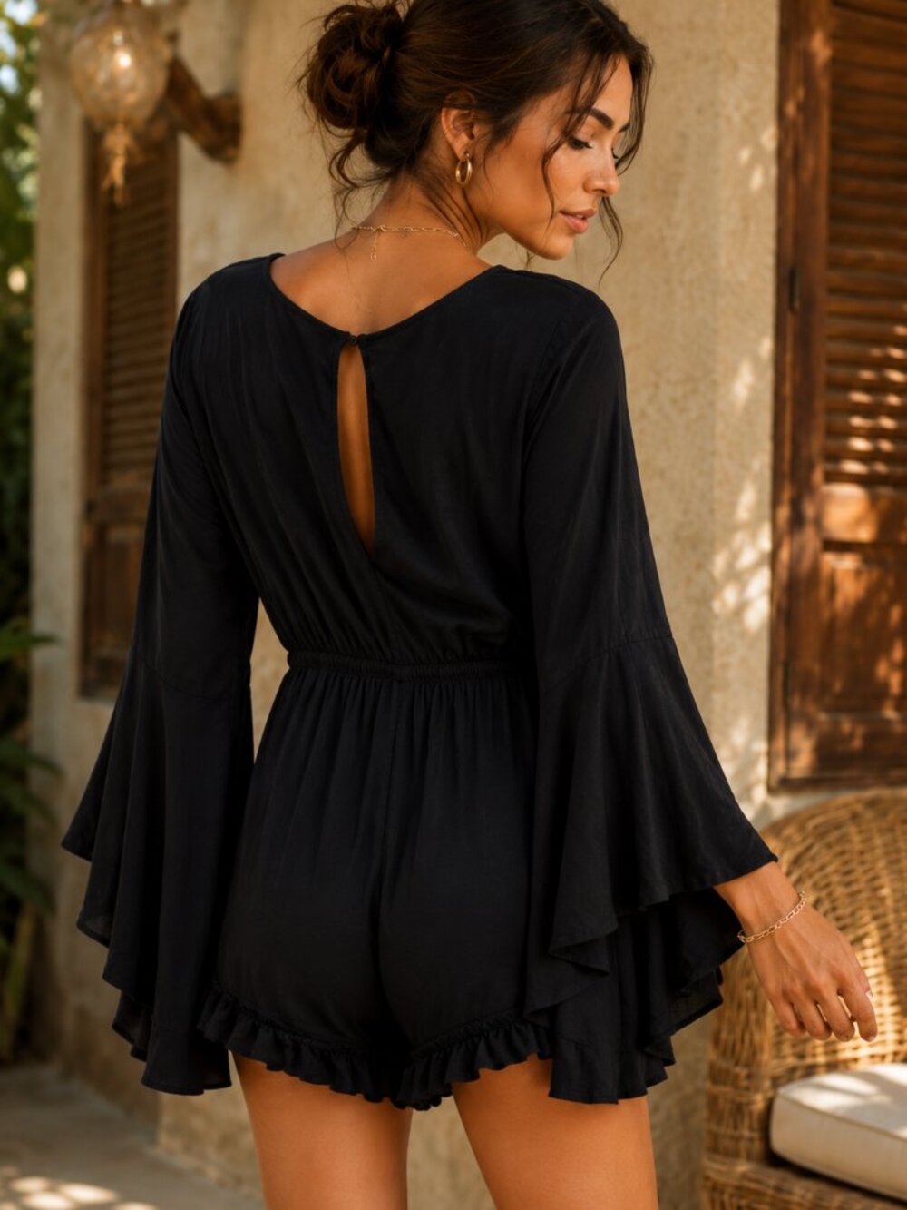 Boho Embroidered Black Romper Bell Sleeve Festival Style Small - Picture 2 of 9